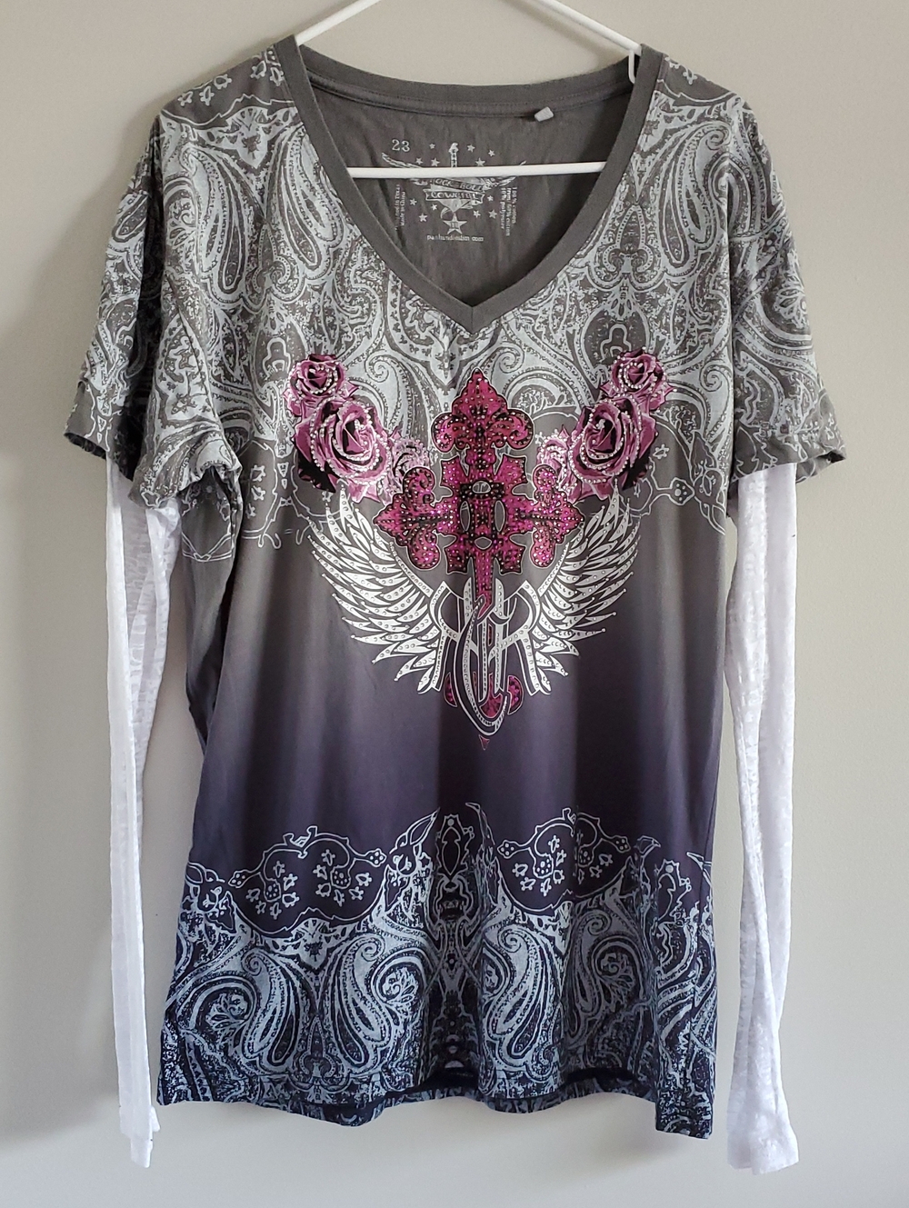 Rock & Roll Vintage Inspired Cowgirl Ombre Embelished Long-Sleeve Tee Sz XXL Y2K